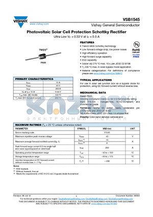 VSB1545-M3/54 datasheet - Photovoltaic Solar Cell Protection Schottky Rectifier