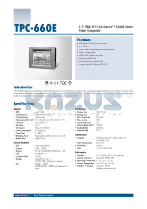 TPC-660G-EHKE datasheet - 5.7 VGA TFT LCD Geode LX800 Touch Panel Computer