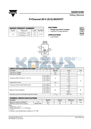 SI2301CDS datasheet - P-Channel 20-V (D-S) MOSFET