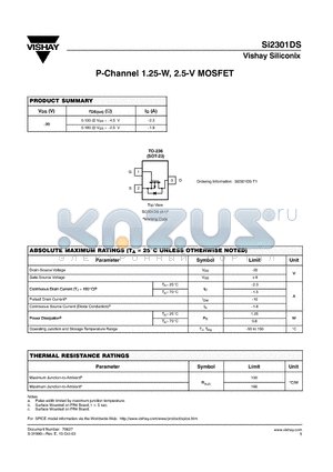 SI2301DS datasheet - P-Channel 1.25-W, 2.5-V MOSFET