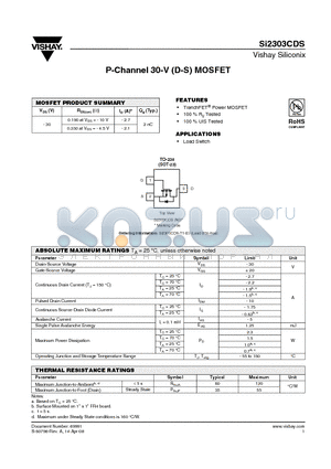 SI2303CDS datasheet - P-Channel 30-V (D-S) MOSFET