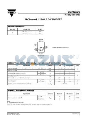 SI2302ADS-T1 datasheet - N-Channel 1.25-W, 2.5-V MOSFET