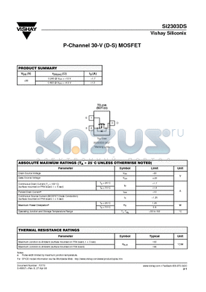 SI2303DS datasheet - P-Channel 30-V (D-S) MOSFET