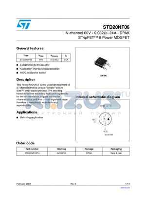 STD20NF06T4 datasheet - N-CHANNEL 60V - 0.032OHM - 24A DPAK STripFET TM II POWER MOSFET