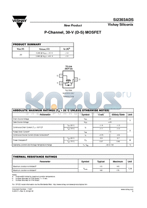 SI2303ADS datasheet - P-Channel, 30-V (D-S) MOSFET