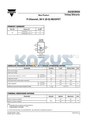 SI2303BDS datasheet - P-Channel, 30-V (D-S) MOSFET
