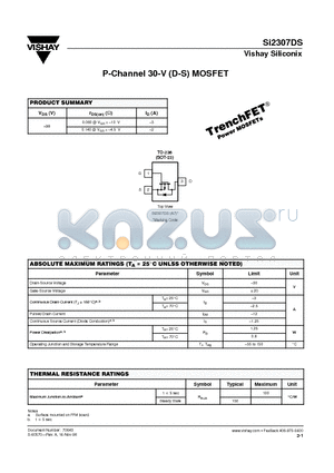 SI2307DS-T1 datasheet - P-Channel 30-V (D-S) MOSFET