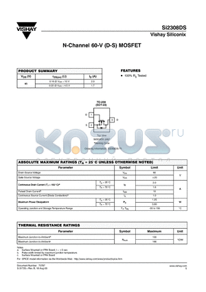 SI2308DS datasheet - N-Channel 60-V (D-S) MOSFET