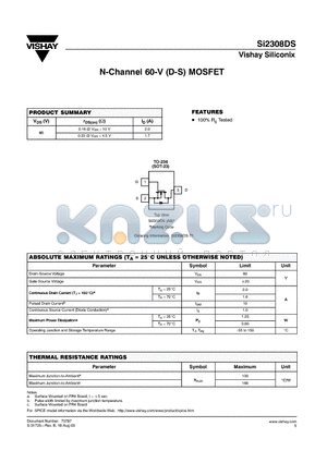 SI2308DS-T1 datasheet - N-Channel 60-V (D-S) MOSFET