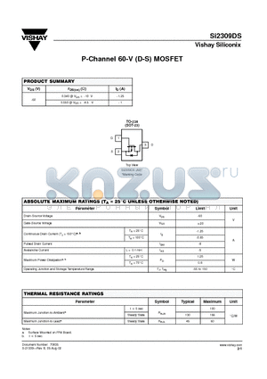 SI2309DS datasheet - P-Channel 60-V (D-S) MOSFET