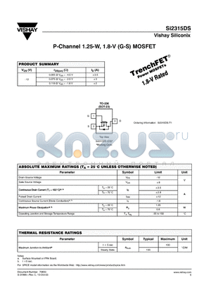 SI2315DS datasheet - P-Channel 1.25-W, 1.8-V (G-S) MOSFET