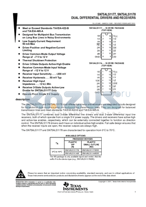 SN75ALS1178N datasheet - DUAL DIFFERENTIAL DRIVERS AND RECEIVERS