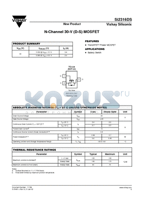 SI2316DS datasheet - N-Channel 30-V (D-S) MOSFET