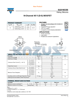SI2318CDS datasheet - N-Channel 40 V (D-S) MOSFET