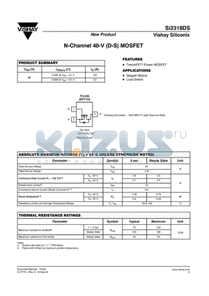 SI2318DS datasheet - N-Channel 40-V (D-S) MOSFET