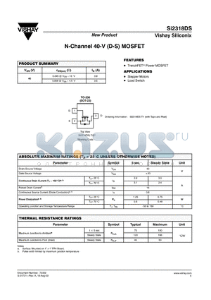 SI2318DS-T1 datasheet - N-Channel 40-V (D-S) MOSFET