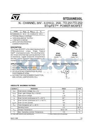 STD25NE03L datasheet - N - CHANNEL 30V - 0.019 ohm - 25A - TO-251/TO-252 STripFET POWER MOSFET