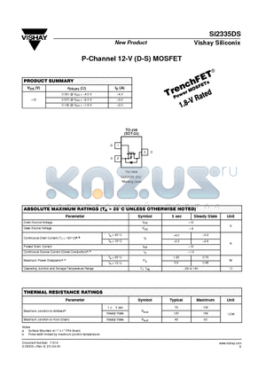 SI2335DS datasheet - P-Channel 12-V (D-S) MOSFET