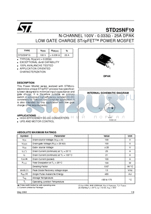 STD25NF10 datasheet - N-CHANNEL 100V - 0.033ohm - 25A DPAK LOW GATE CHARGE STripFET POWER MOSFET