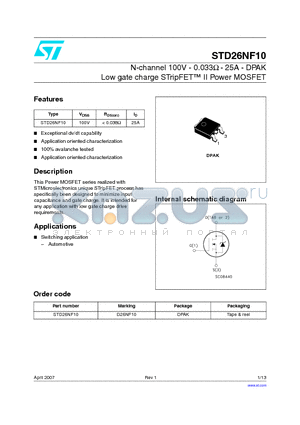 STD26NF10 datasheet - N-channel 100V - 0.033Y - 25A - DPAK Low gate charge STripFET II Power MOSFET