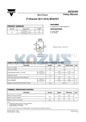 SI2341DS datasheet - P-Channel 30-V (D-S) MOSFET