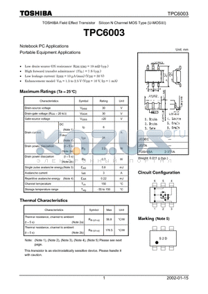 TPC6003 datasheet - TOSHIBA Field Effect Transistor Silicon N Channel MOS Type (U-MOSIII)
