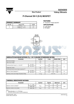 SI2343DS datasheet - P-Channel 30-V (D-S) MOSFET