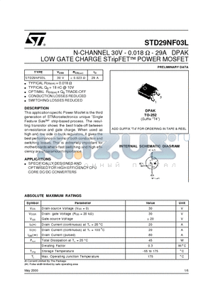STD29NF03L datasheet - N-CHANNEL 30V - 0.018 ohm - 29A DPAK LOW GATE CHARGE STripFET POWER MOSFET