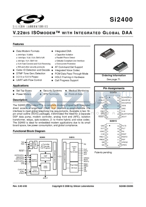 SI2400 datasheet - V.22BIS ISOMODEM WITH INTEGRATED GLOBAL DAA