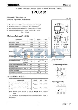 TPC6101 datasheet - TOSHIBA Field Effect Transistor Silicon P Channel MOS Type (U-MOSII)