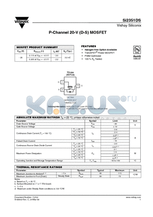 SI2351DS datasheet - P-Channel 20-V (D-S) MOSFET