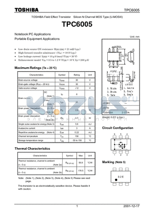 TPC6005 datasheet - TOSHIBA Field Effect Transistor Silicon N Channel MOS Type (U-MOSIII)