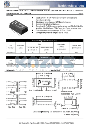 S2079B1LF datasheet - ISDN S-INTERFACE DUAL TRANSFORMER MODULES SMLL SMT PACKAGE 23.512.39mm