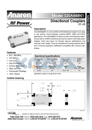 S20A888N1 datasheet - Directional Couplers