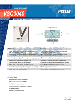 VSC3040 datasheet - 11 Gbps 144  144 Asynchronous Crosspoint Switch