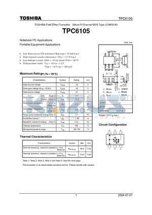 TPC6105 datasheet - TOSHIBA Field Effect Transistor Silicon P Channel MOS Type (U-MOS III)