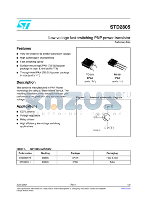 STD2805 datasheet - Low voltage fast-switching PNP power transistor