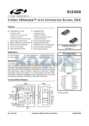 SI2400-BS datasheet - V.22BIS ISOMODEM WITH INTEGRATED GLOBAL DAA