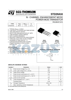 STD2NA50 datasheet - N - CHANNEL ENHANCEMENT MODE POWER MOS TRANSISTOR