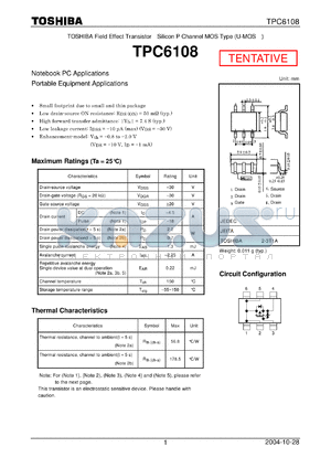 TPC6108 datasheet - TOSHIBA Field Effect Transistor Silicon P Channel MOS Type (U-MOS4)