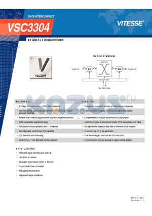 VSC3304 datasheet - 8.5 Gbps 4  4 Crosspoint Switch