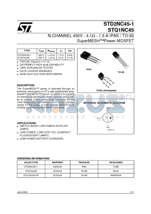 STD2NC45-1 datasheet - N-channel 450V - 4.1 - 1.5A - IPAK - TO-92 SuperMESH Power MOSFET