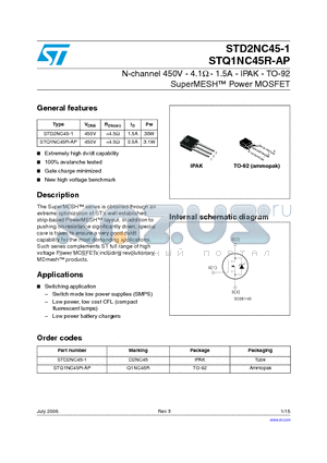STD2NC45-1 datasheet - N-channel 450V - 4.1Y - 1.5A - IPAK - TO-92 SuperMESH Power MOSFET