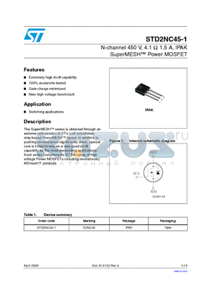 STD2NC45-1 datasheet - N-channel 450 V, 4.1 Y, 1.5 A, IPAK SuperMESH Power MOSFET