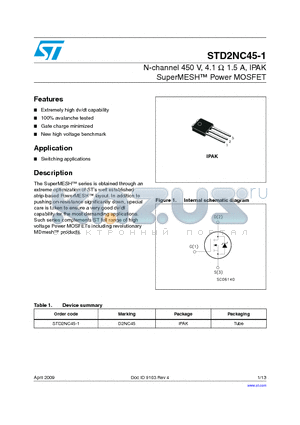 STD2NC45-1_09 datasheet - N-channel 450 V, 4.1 Y, 1.5 A, IPAK SuperMESH Power MOSFET