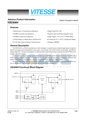 VSC6464 datasheet - 64x64 Crosspoint Switch