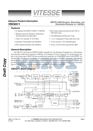 VSC6511 datasheet - SMPTE-292M Serializer, Deserializer, and Deserializer/Reclocker at 1.485Gb/s
