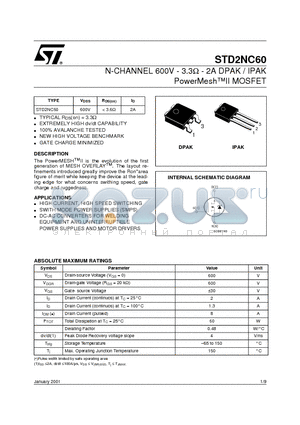 STD2NC60 datasheet - N-CHANNEL 600V - 3.3ohm - 2A DPAK / IPAK PowerMeshII MOSFET