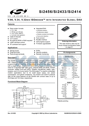 SI2414 datasheet - V.90, V.34, V.32BIS ISOMODEM WITH INTEGRATED GLOBAL DAA