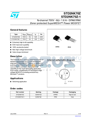 STD2NK70Z-1 datasheet - N-channel 700V - 6Y - 1.6 A - DPAK/IPAK Zener protected SuperMESH Power MOSFET